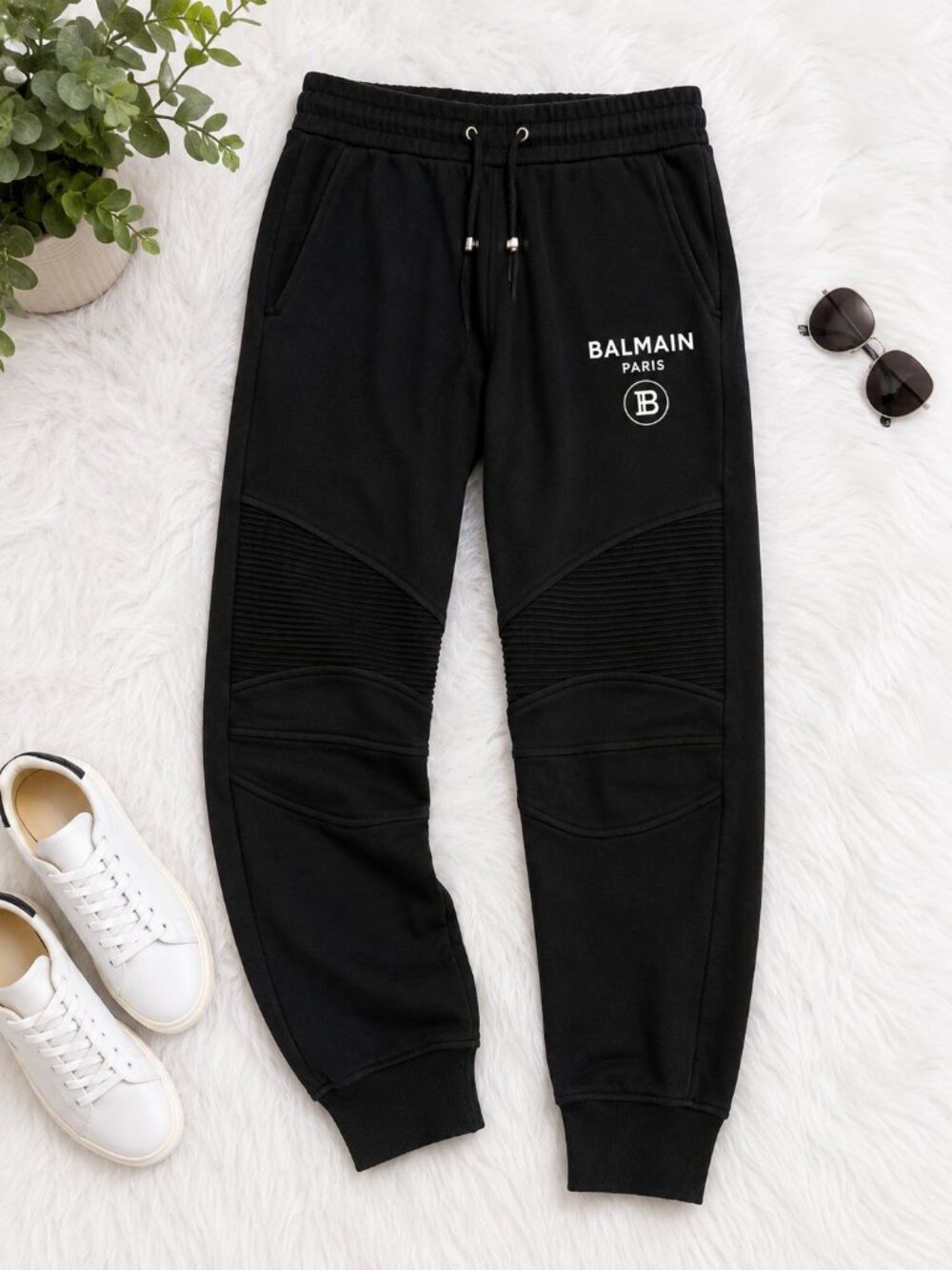 Flawed - Balmain Paris Men’s Large Black Moto Jogger Sweatpants Ribbed